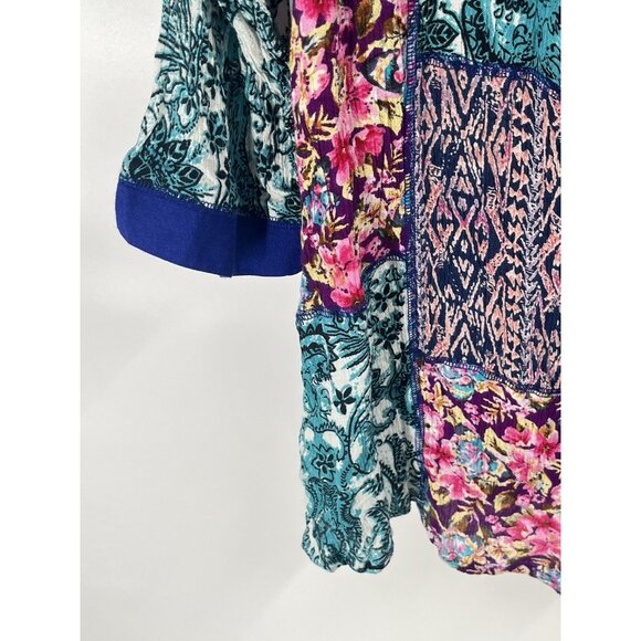 La Cera Funky Print Art to Wear Long Sleeve Top Sz 1X Wooden Buttons - Picture 5 of 7